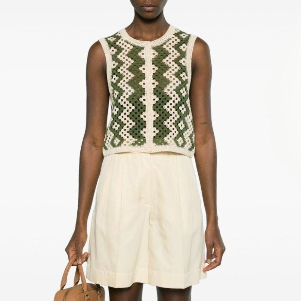 Last Call! New Sandro Henrika Geo Crochet Vest Ecru Olive Large $295 - Picture 3 of 9